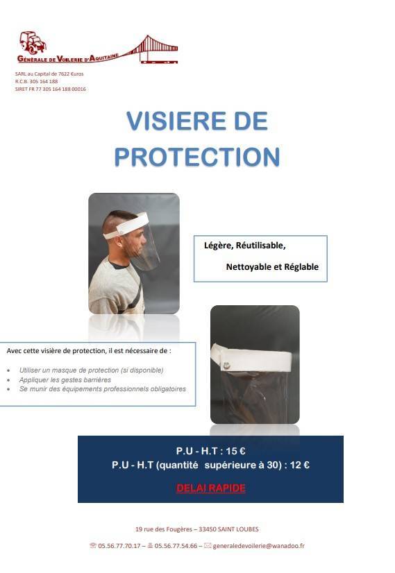 Vente visière de protection Gironde - Nouvelle Aquitaine